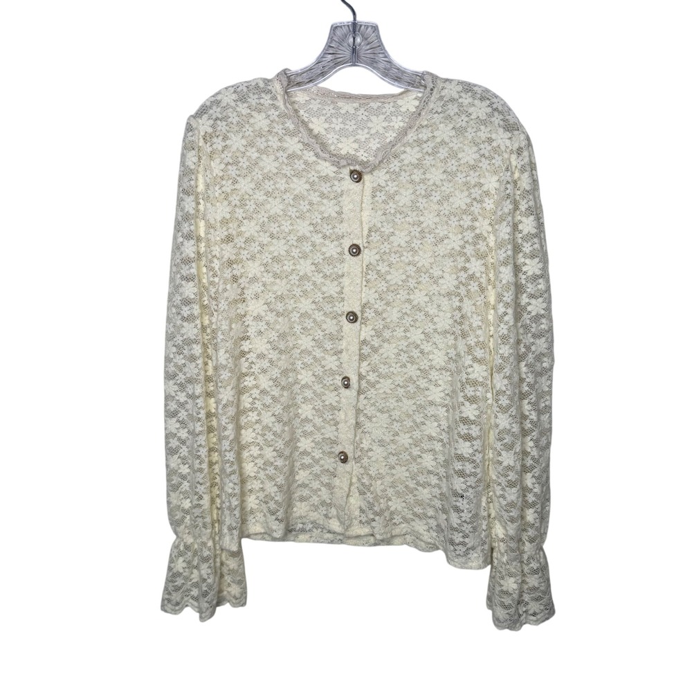 Dazy XL Cream Floral Lace Cardigan Faux Pearl Button Ruffle Cuff Romantic